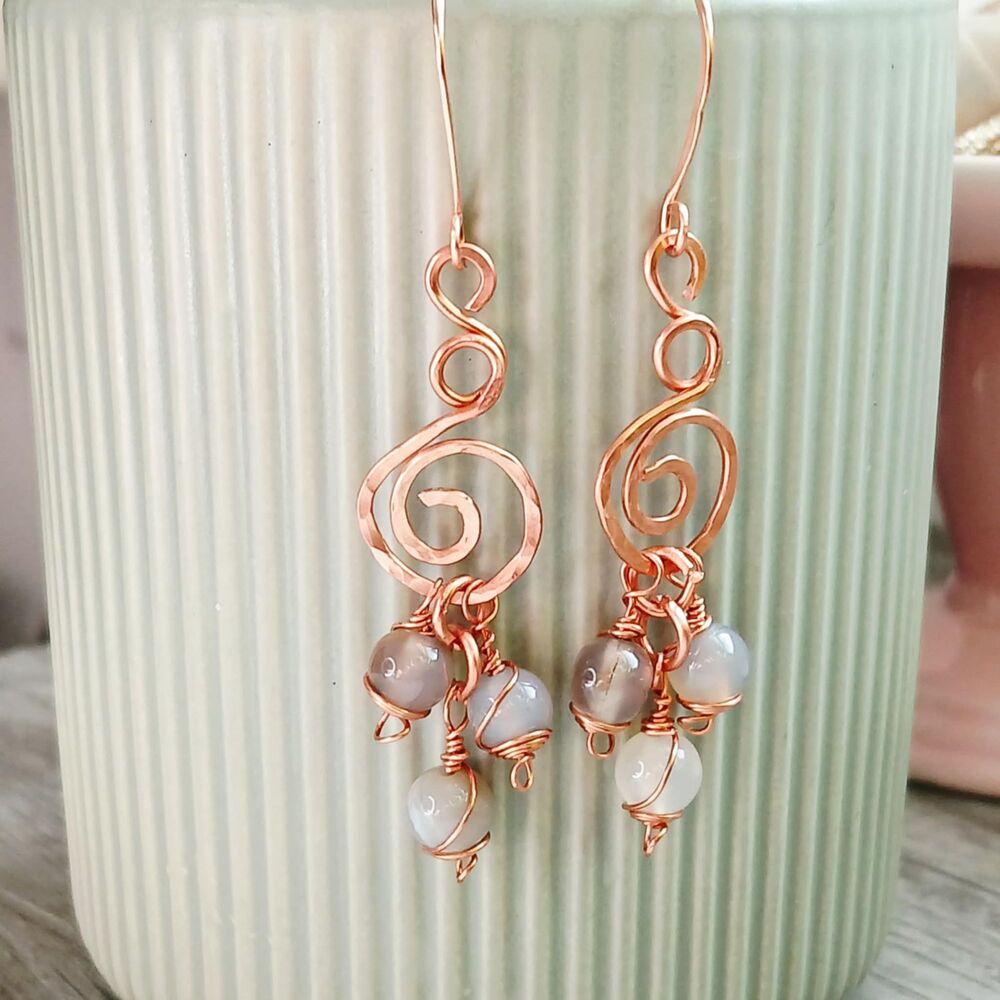 Boho Chic Agate Crystal Dangle Earrings, Hammered Copper Gemstone Jewelry 2.5" - Picture 2 of 3